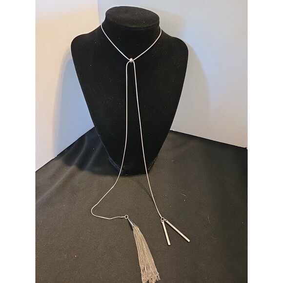 Silver Zipper Style Fully Adj Length 30" Long Necklace, 2 Long Bars & Tassel - Picture 1 of 9